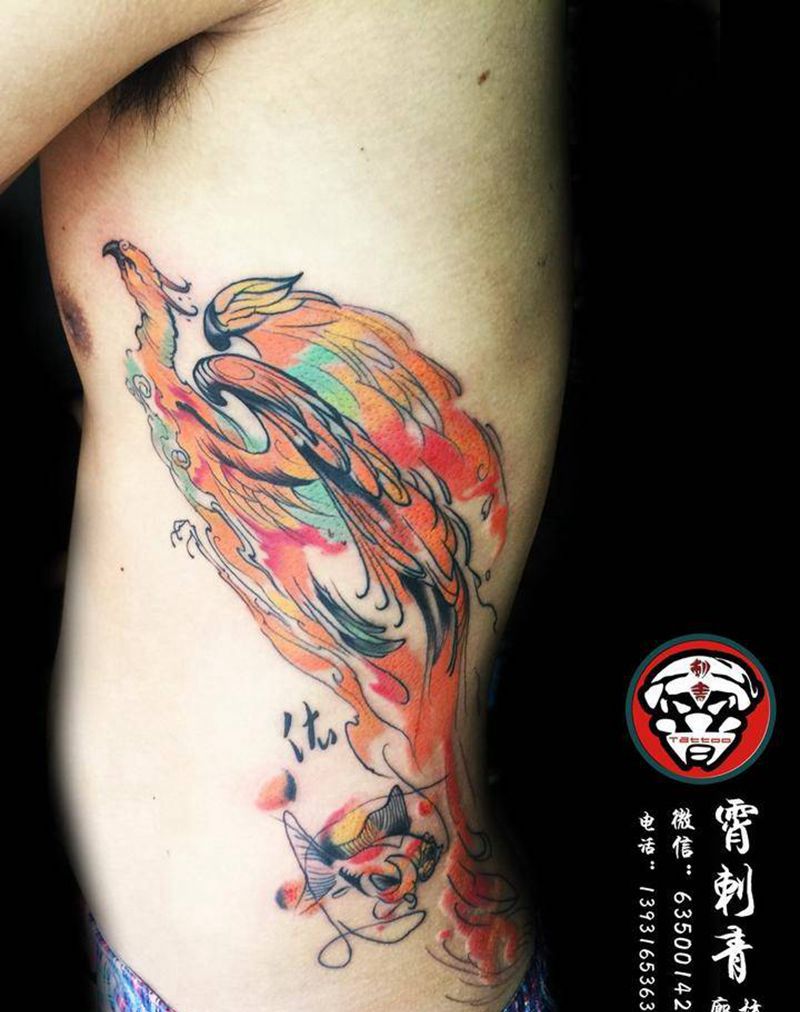 水彩凤凰纹身图片_成品腰部传统清新动物纹身图案