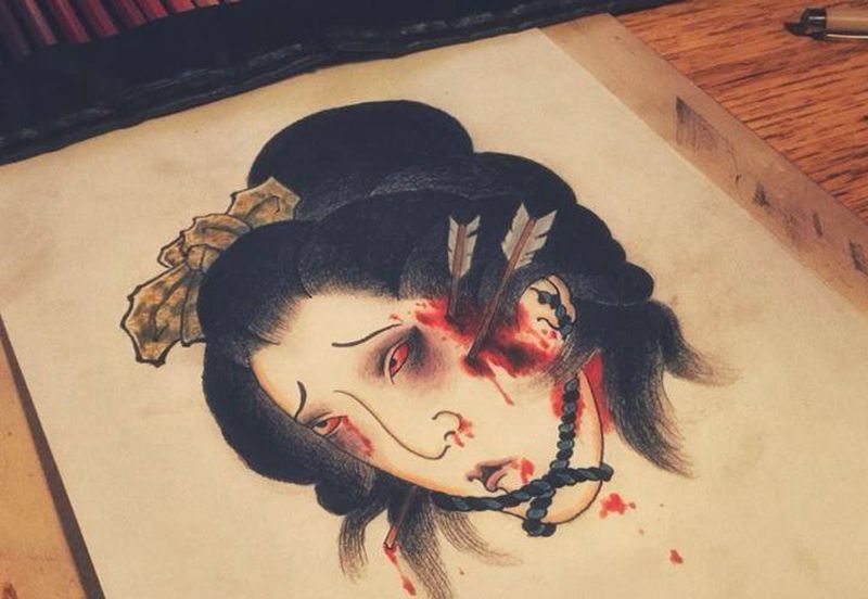 生首手稿纹身图片