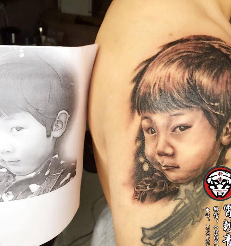 父亲对儿子的爱纹身图片_成品手臂肖像纹身图案