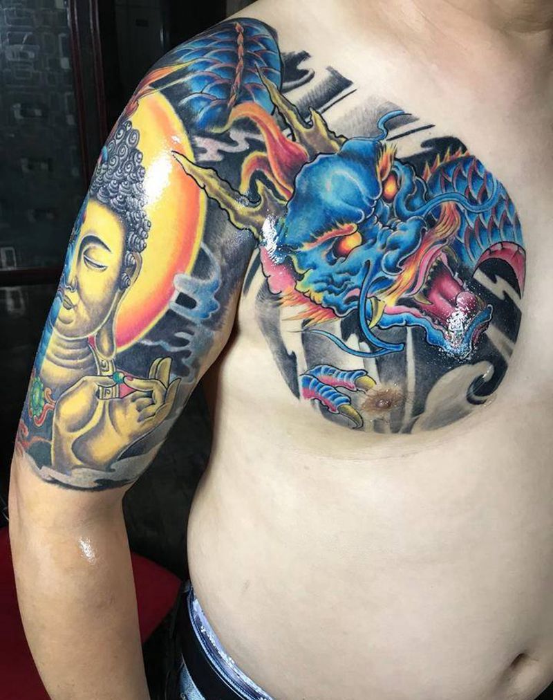 半甲纹身图片_胸部新传统一念之间纹身图案