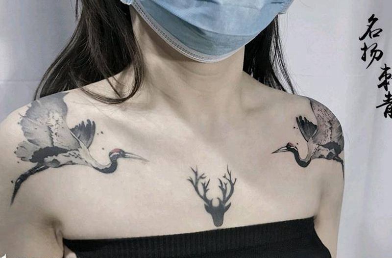 仙鹤纹身图片_肩部水墨纹身图案