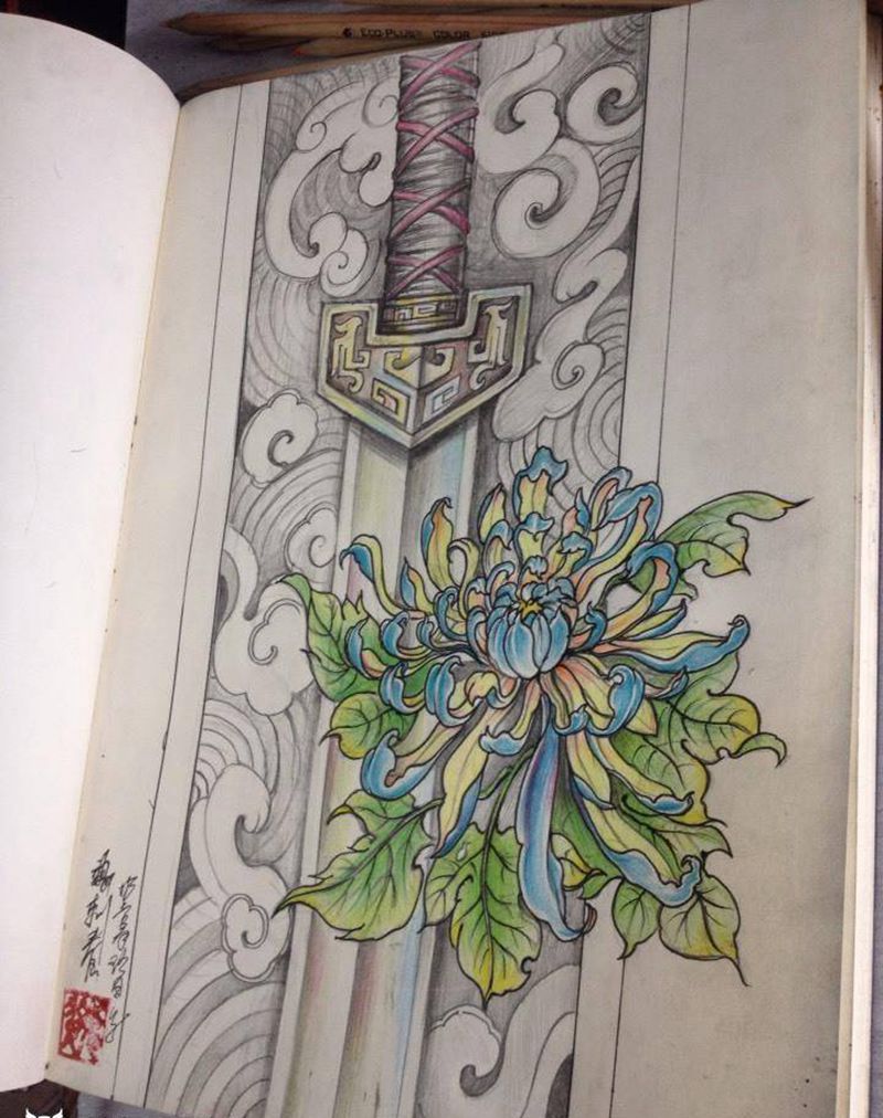 菊花古剑纹身图片_手稿传统原创纹身图案