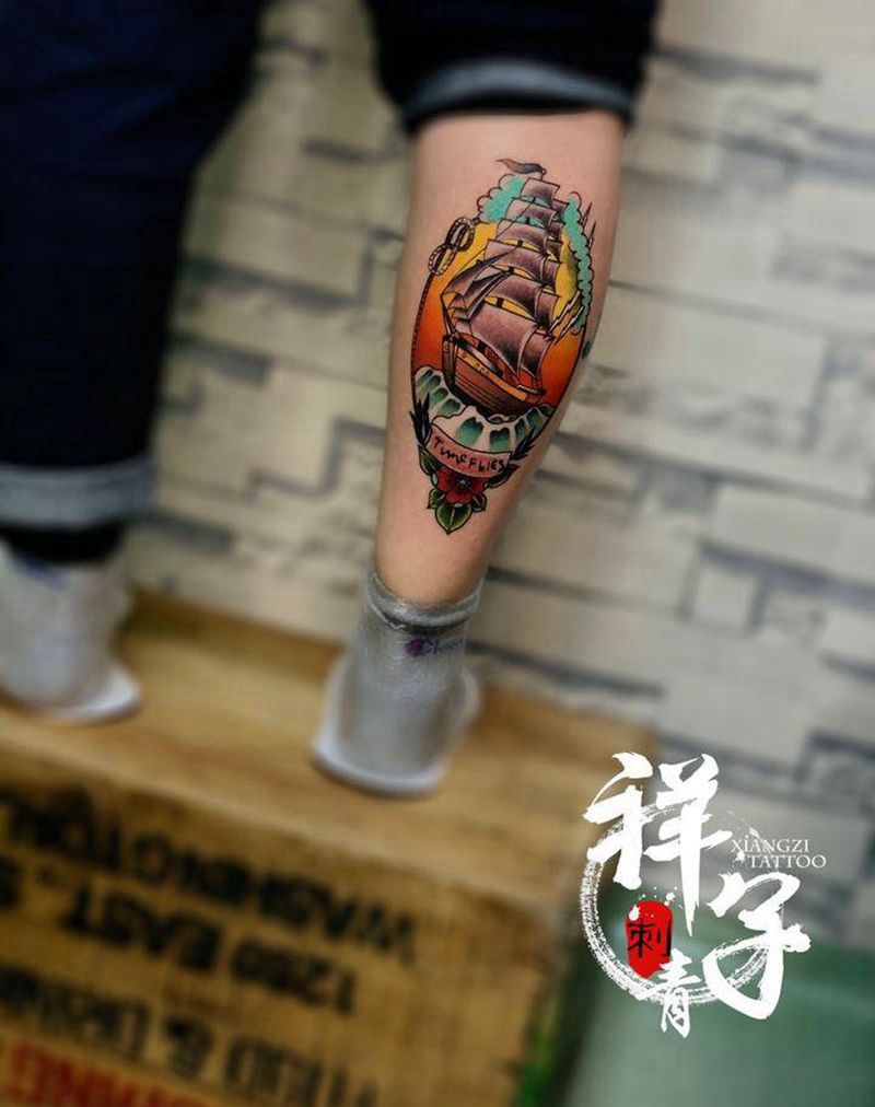 帆船⛵️纹身图片_腿部New School纹身图案