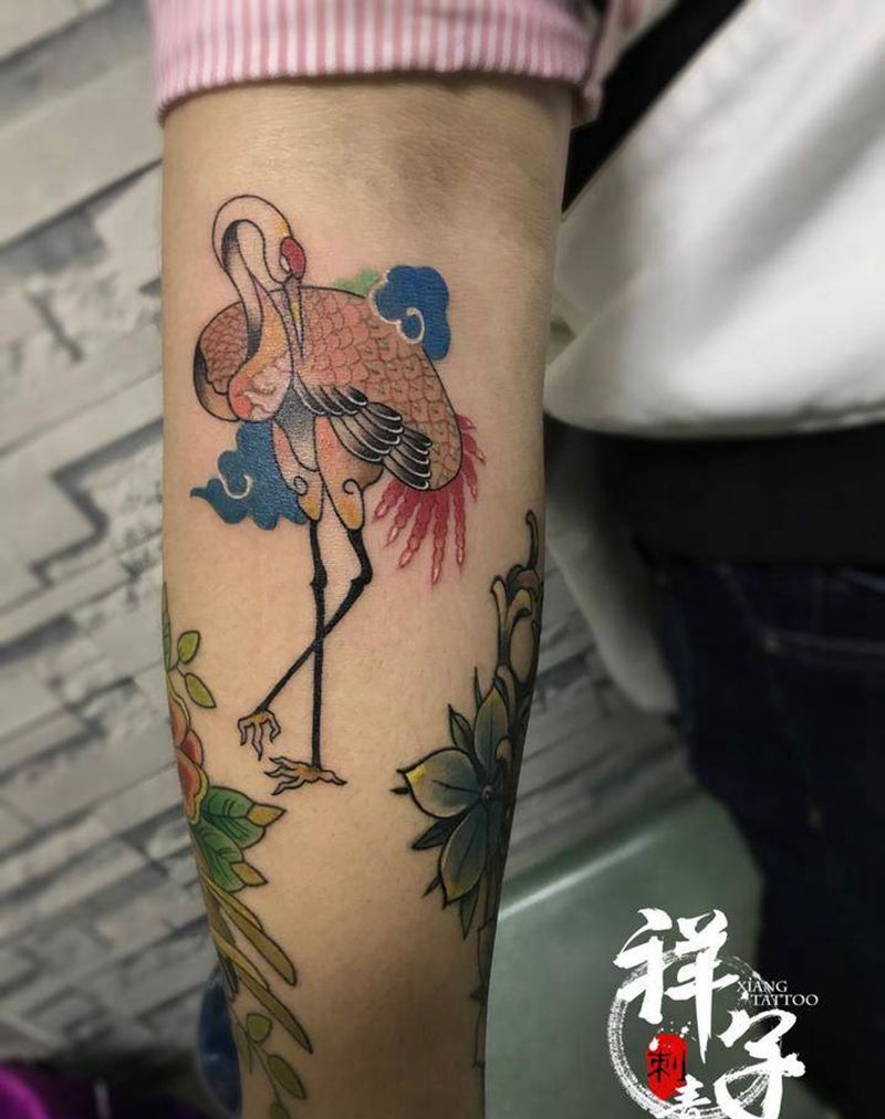 鹤纹身图片_成品传统国画动物纹身图案