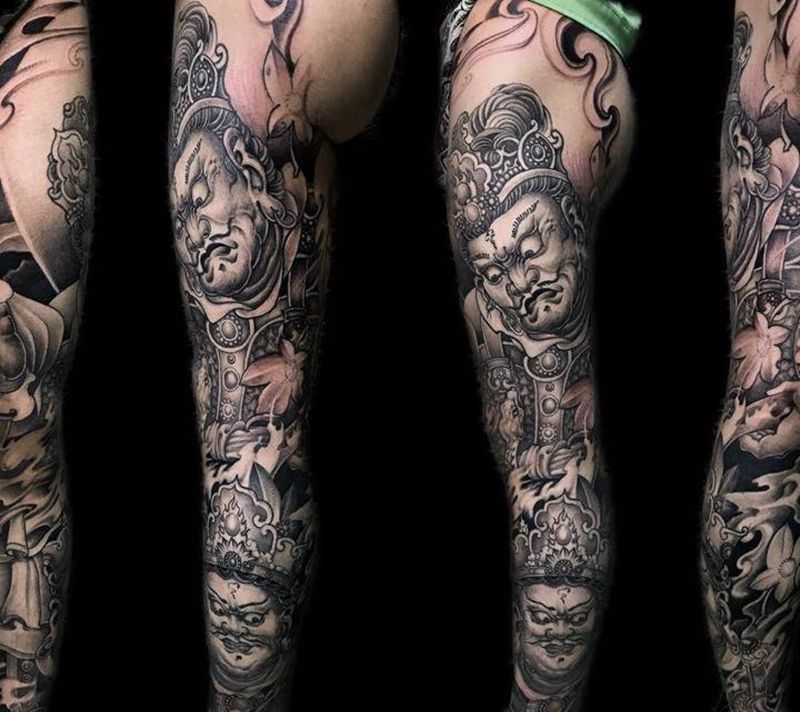 天王盖地虎！纹身图片_成品腿部传统人物鬼神纹身图案