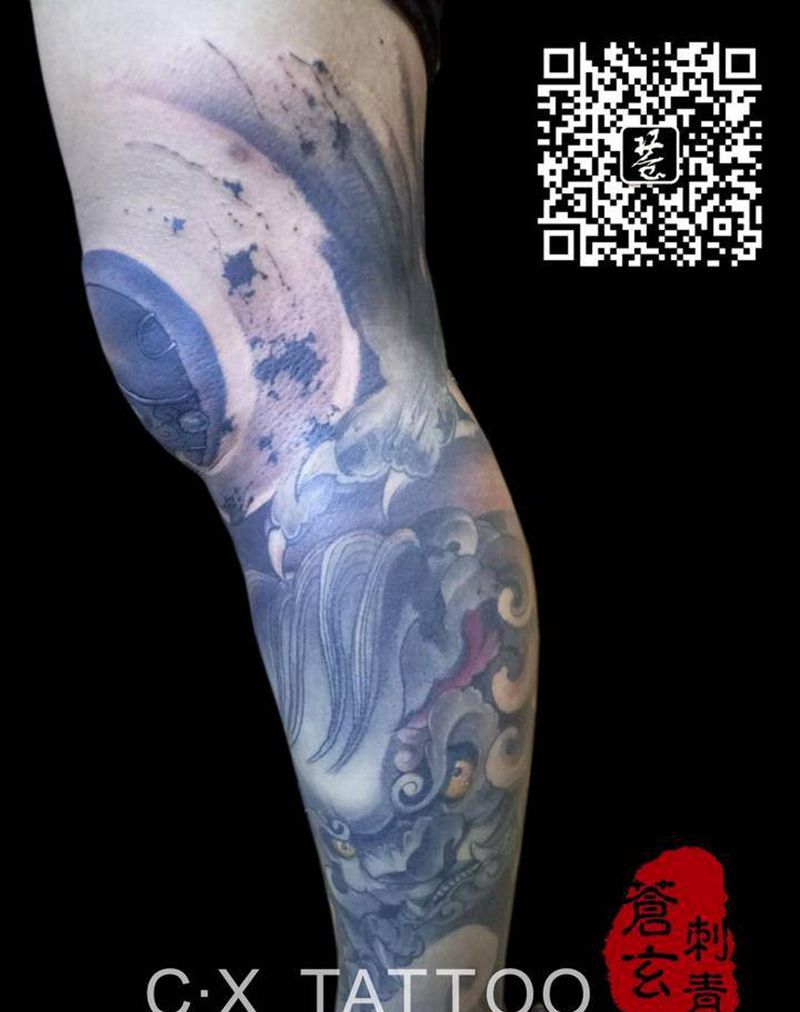 半写实唐狮纹身图片_腿部传统写实国画动物鬼神宗教原创成品纹身图案