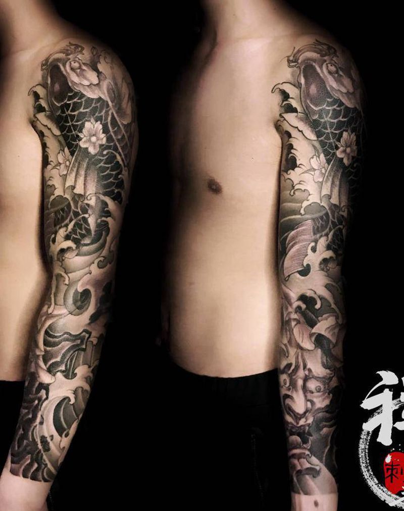 锦鲤纹身图片_肩部手臂新传统纹身图案