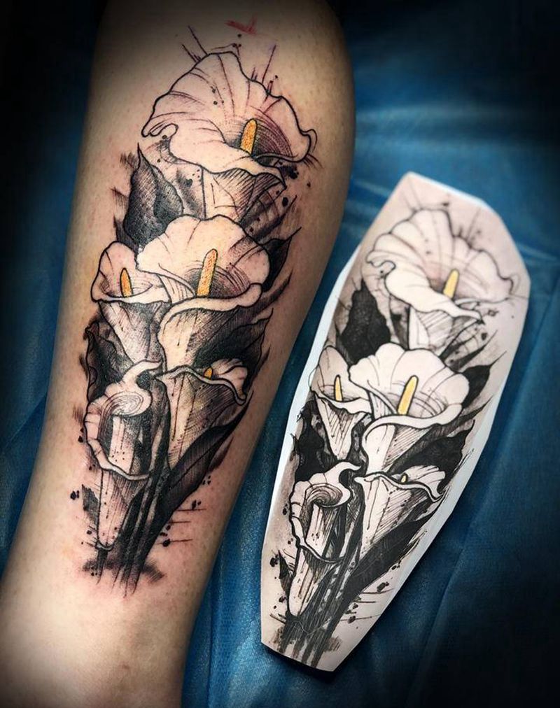 海芋纹身图片_腿部水墨点刺纹身图案