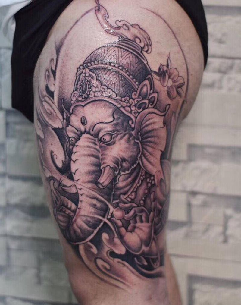 象神纹身图片_腿部新传统纹身图案