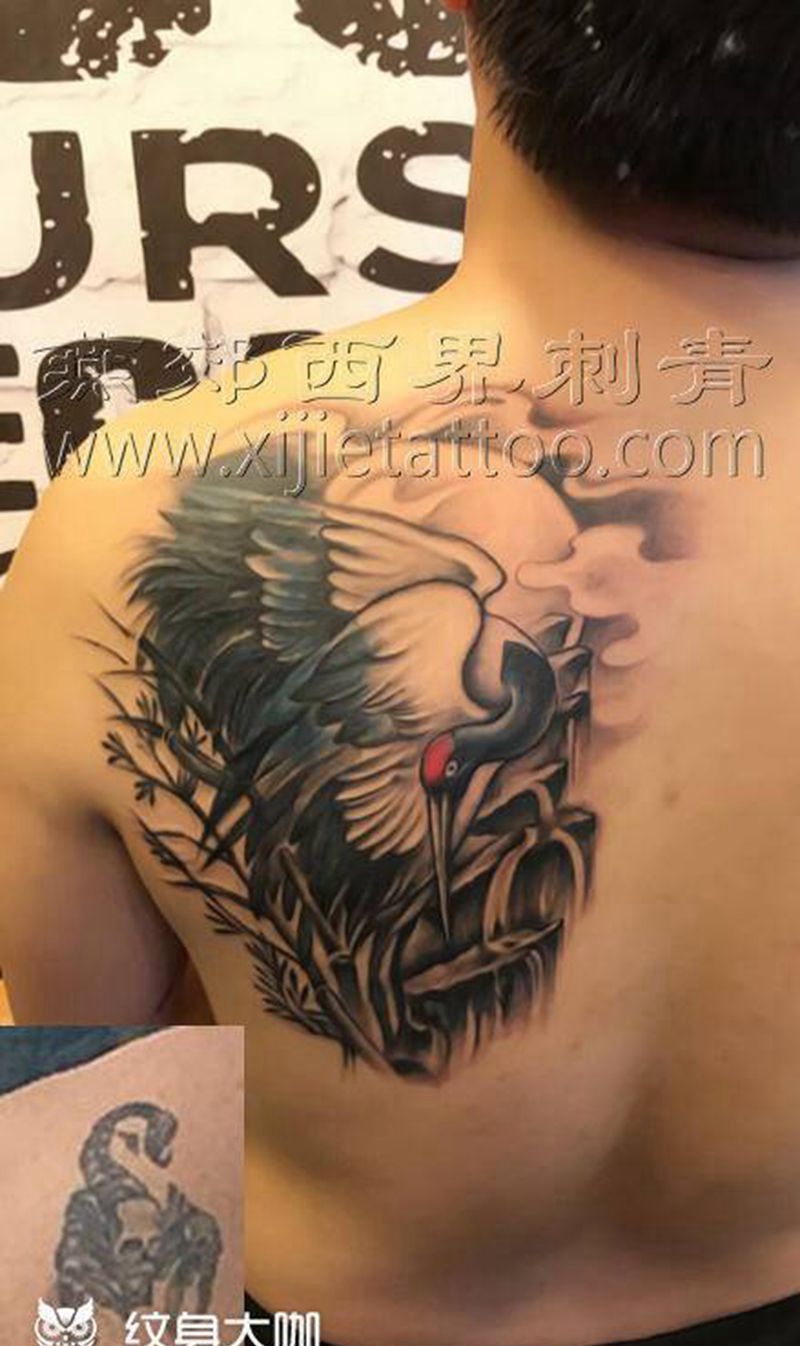 仙鹤遮盖纹身图片_肩部老传统纹身图案