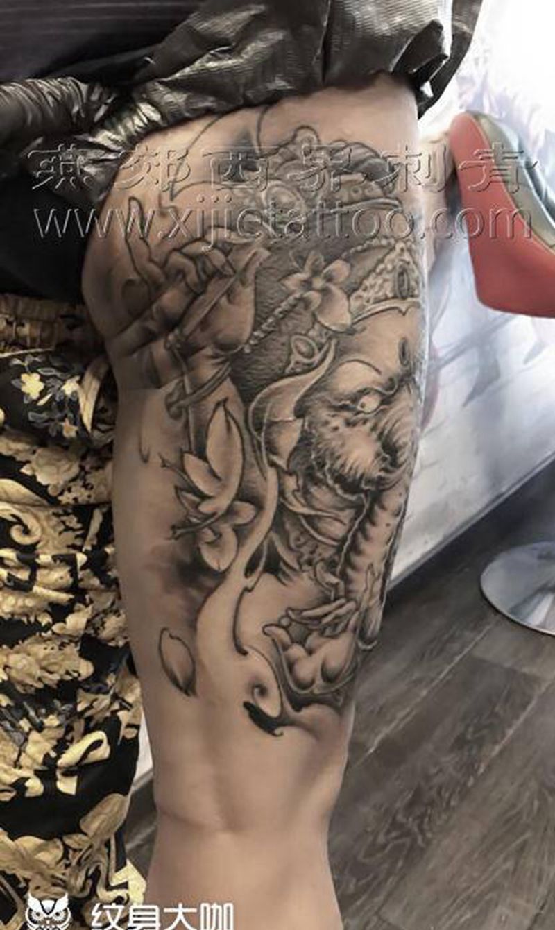 大腿象神纹身图片_腿部新传统纹身图案