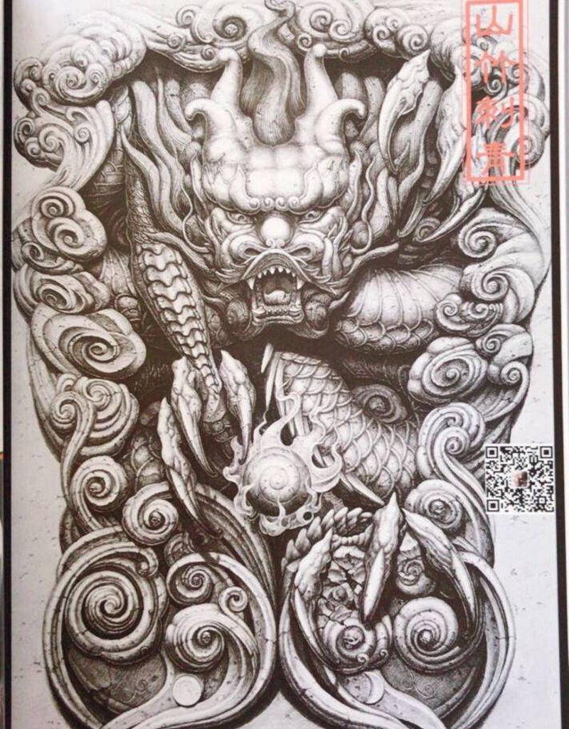 石雕龙壁纹身图片_背部新传统纹身图案