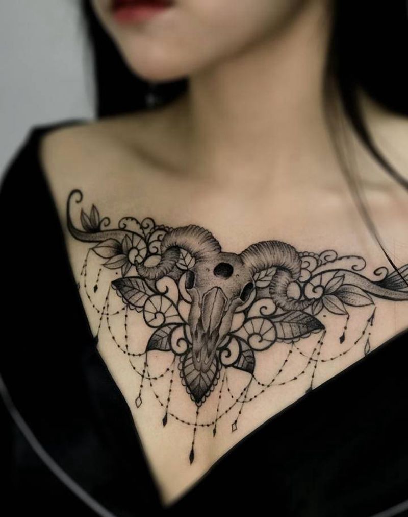 羊头花胸纹身图片_胸部肩部点刺纹身图案