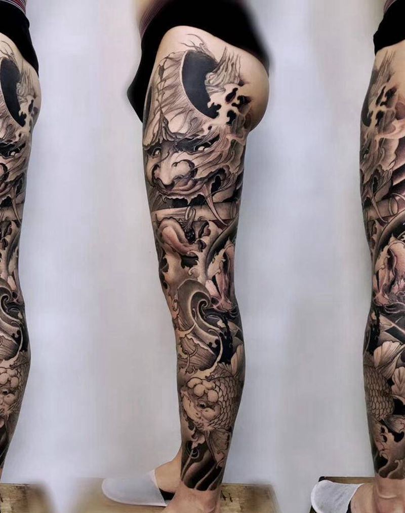 新传统风格花腿纹身图片_腿部新传统般若纹身图案