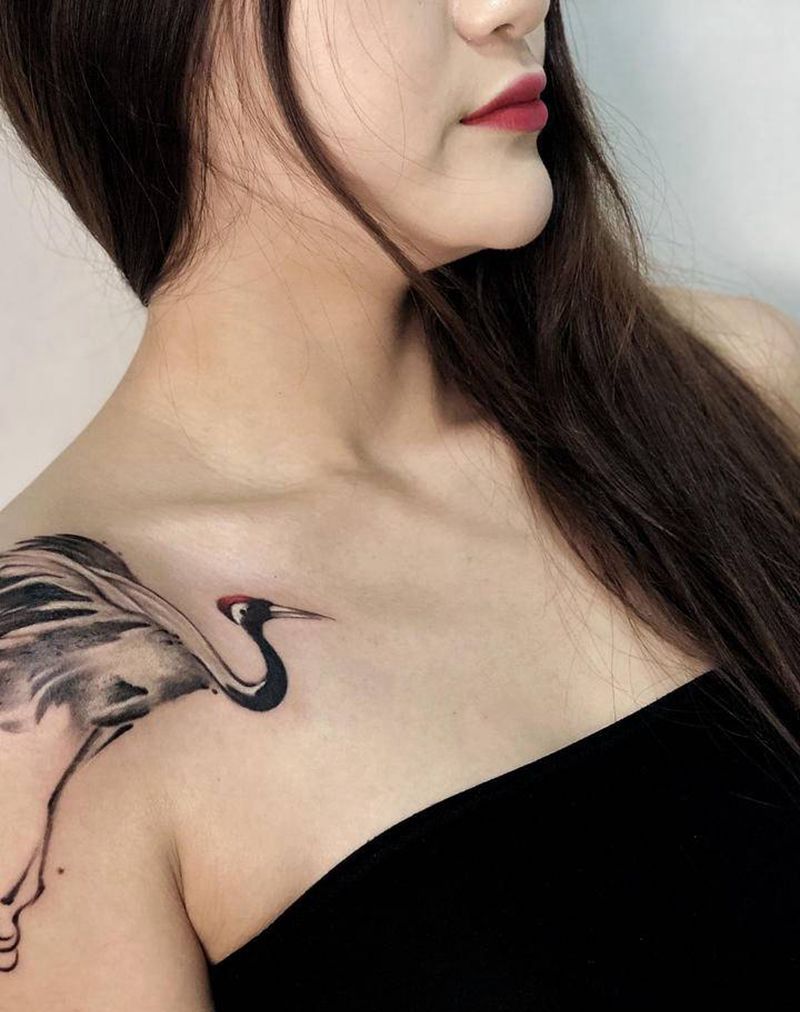 仙鹤纹身图片_肩部水彩水墨鹤纹身图案