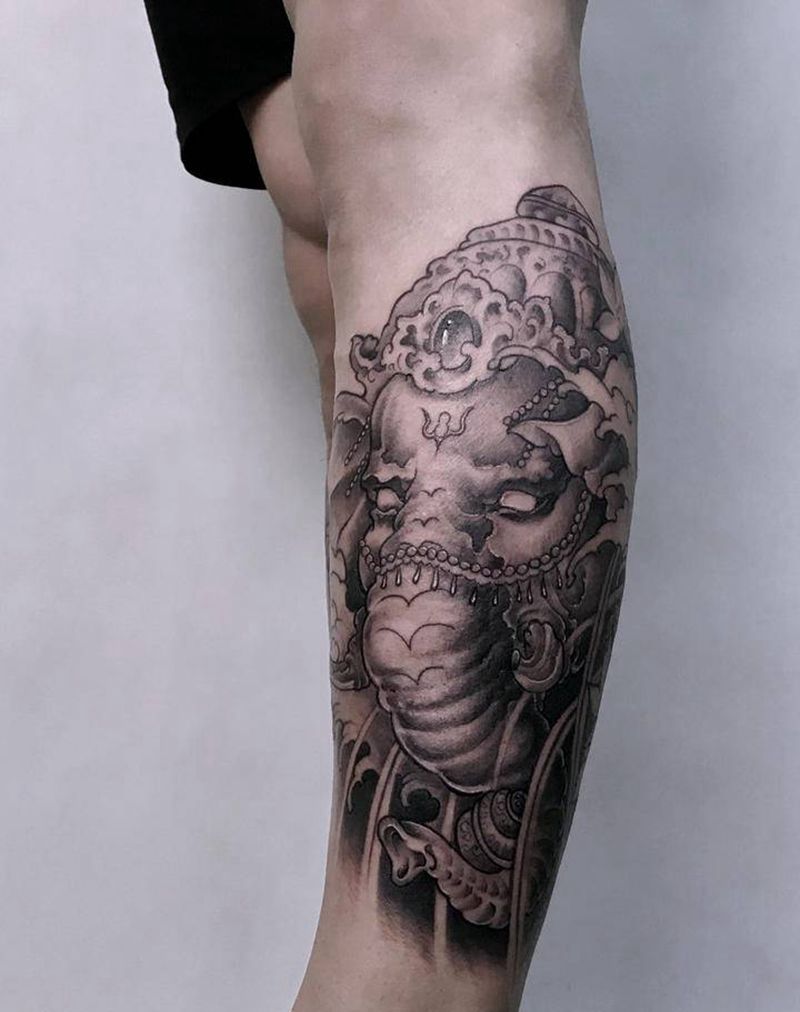 象神纹身图片_腿部新传统纹身图案