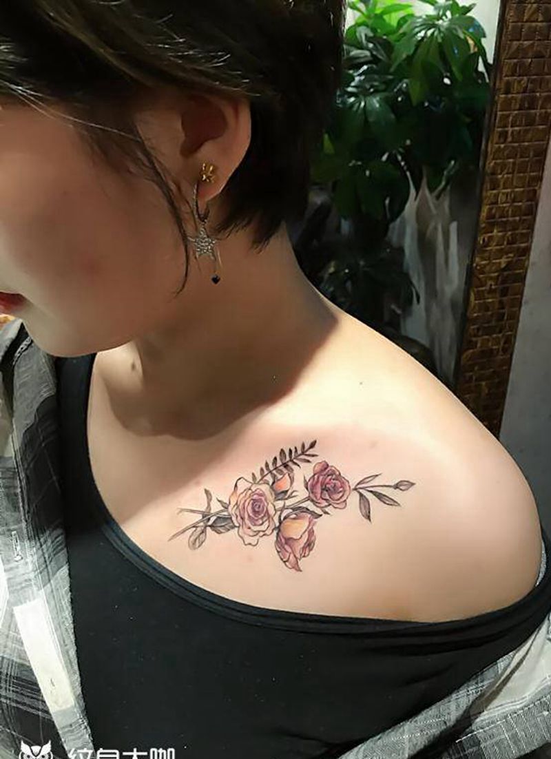 小清新纹身图片_肩部胸部New School水彩纹身图案