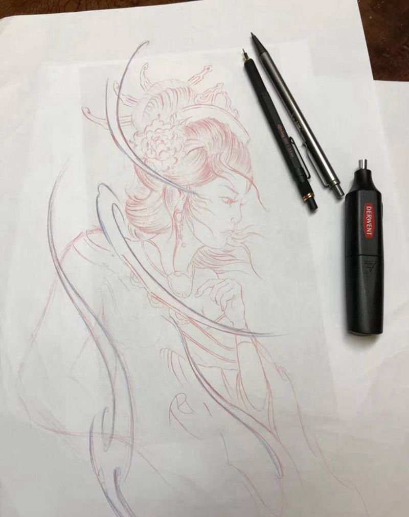 艺妓纹身图片_腿部纹身图案