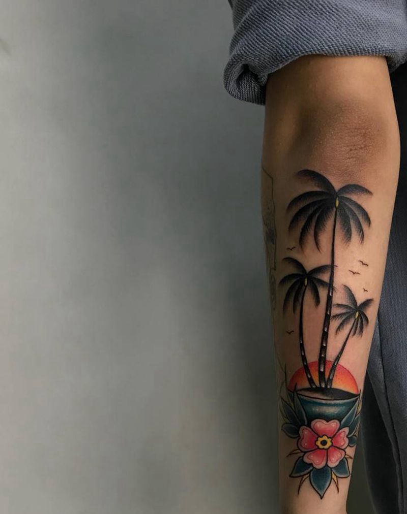 椰子树纹身图片_手臂Old School纹身图案