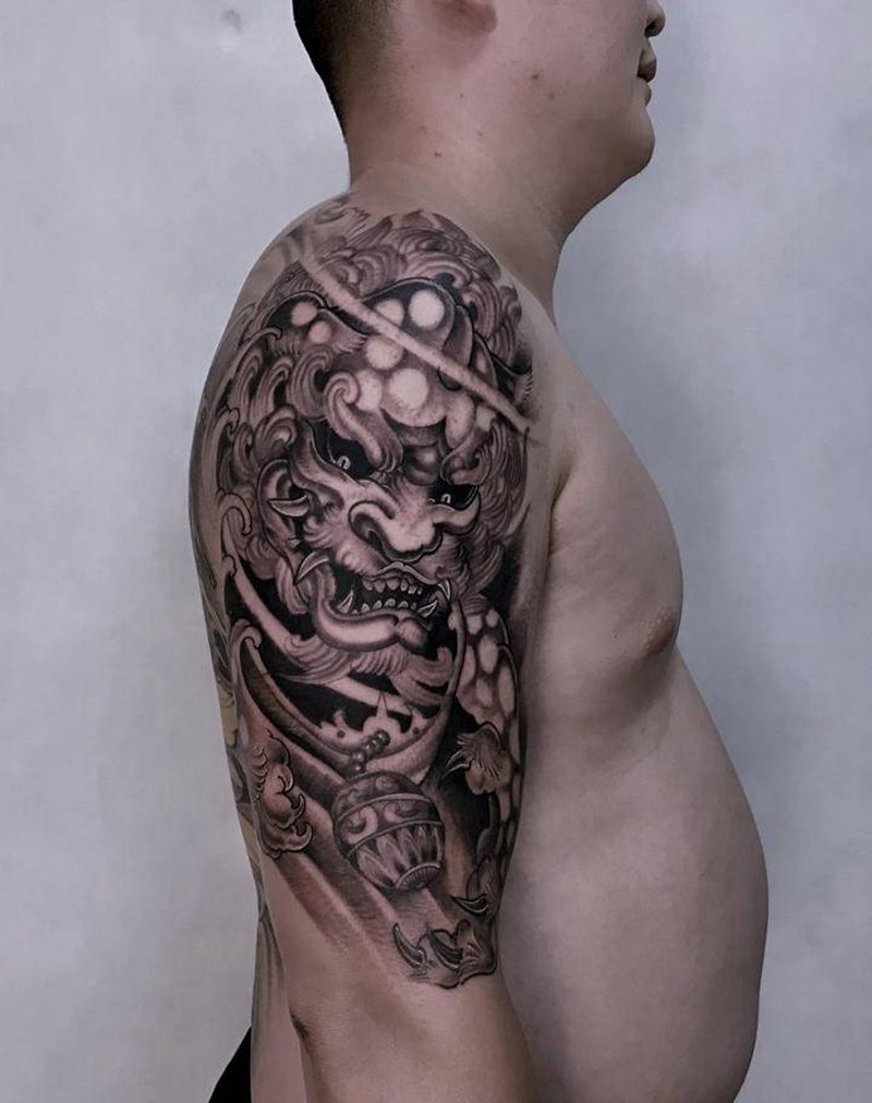 镇守纹身图片_手臂新传统唐狮纹身图案