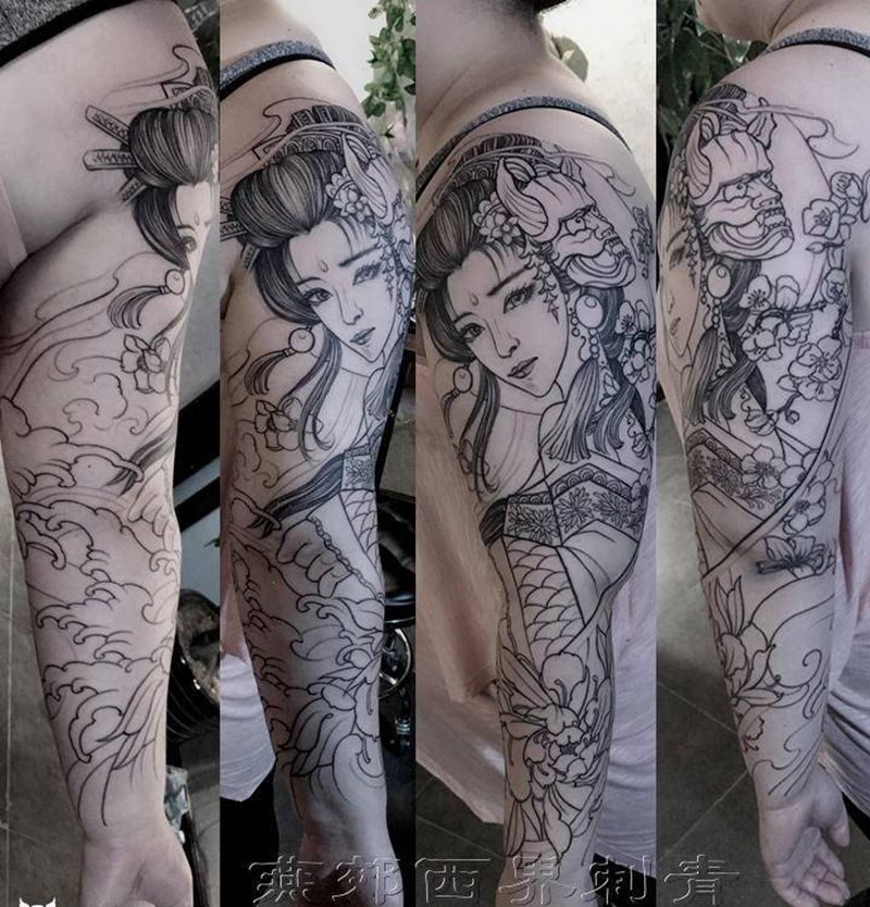 艺妓花臂纹身图片_手臂手部新传统纹身图案