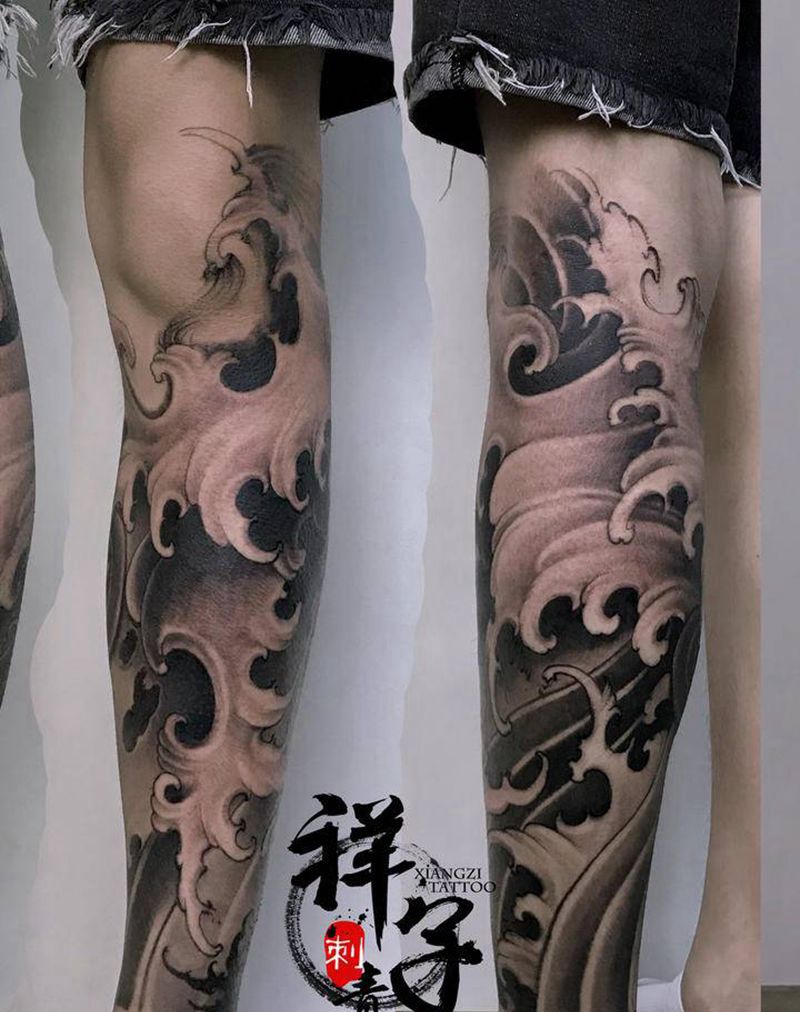 水浪打浪浪起来纹身图片_腿部新传统水浪纹身图案