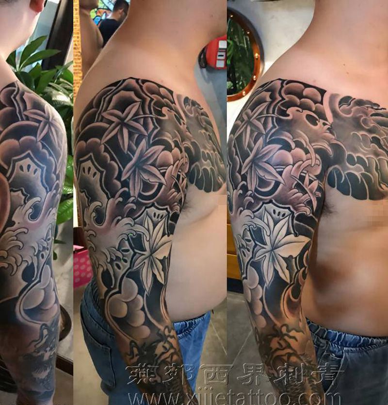 日式半甲修改纹身图片_胸部手臂老传统纹身图案