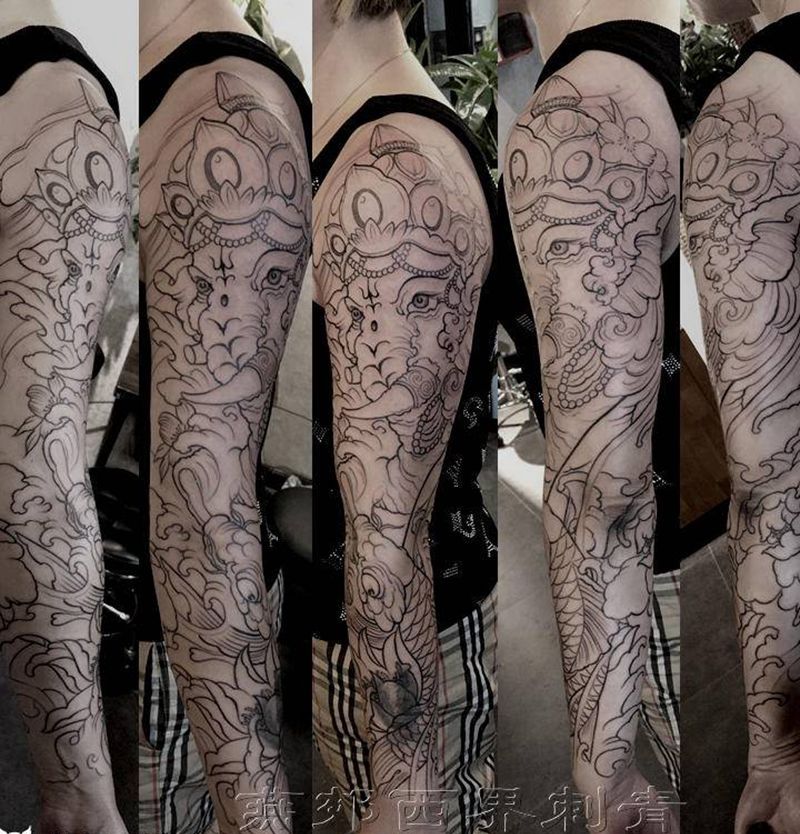 传统象神花臂纹身图片_手臂手部新传统纹身图案