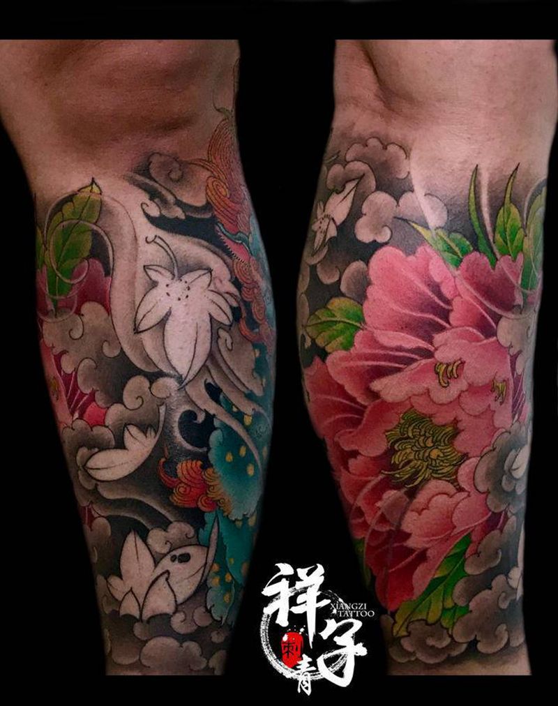 花开富贵纹身图片_腿部新传统唐狮牡丹纹身图案