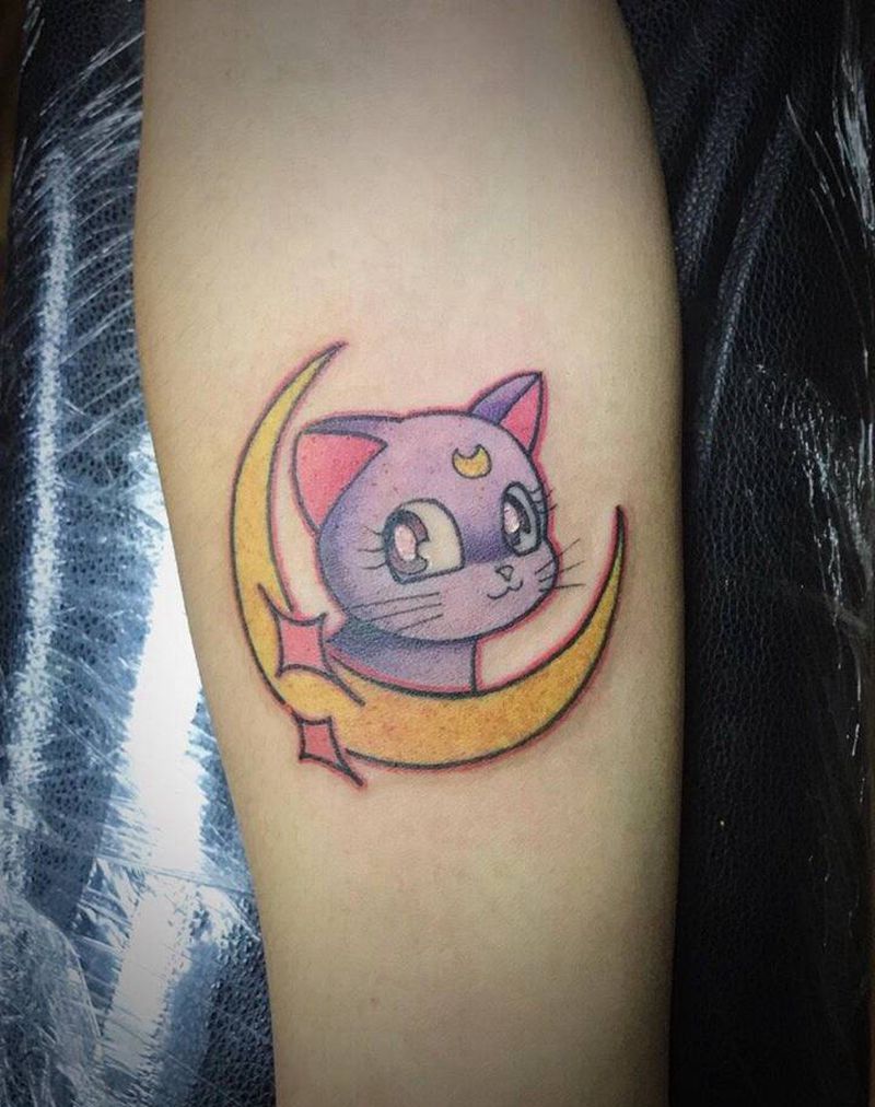 月亮猫纹身图片_手臂New School猫纹身图案