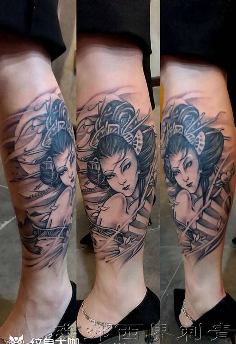 小腿艺妓纹身图片_脚部腿部新传统纹身图案