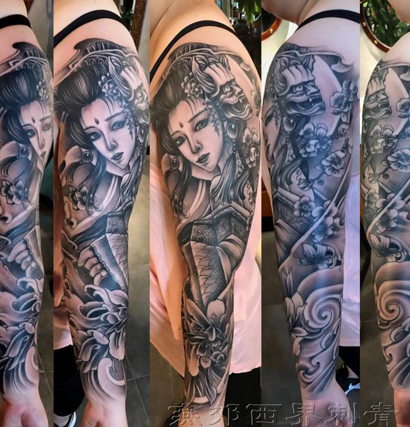 花臂艺妓纹身图片_手臂手部新传统纹身图案