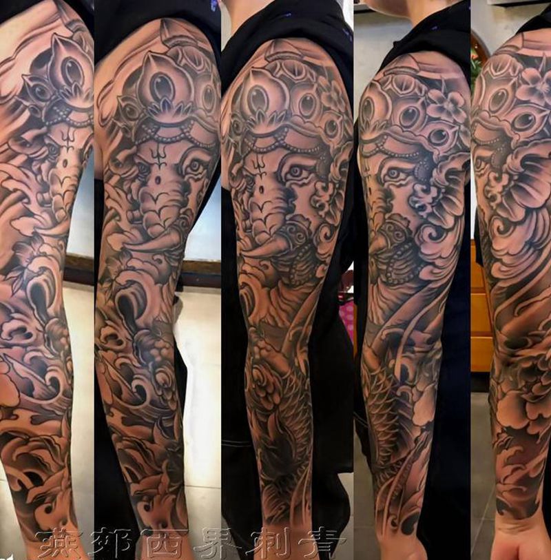 象神花臂纹身图片_手部手臂新传统纹身图案