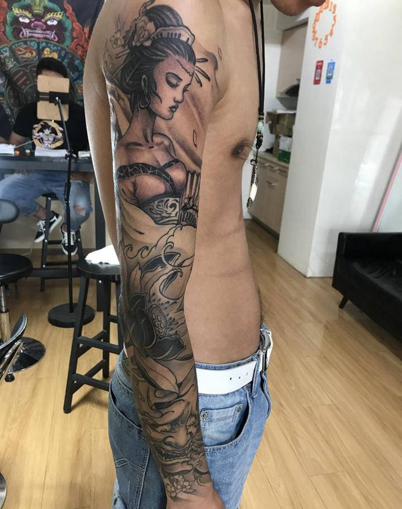 艺妓般若花臂纹身图片_新传统纹身图案