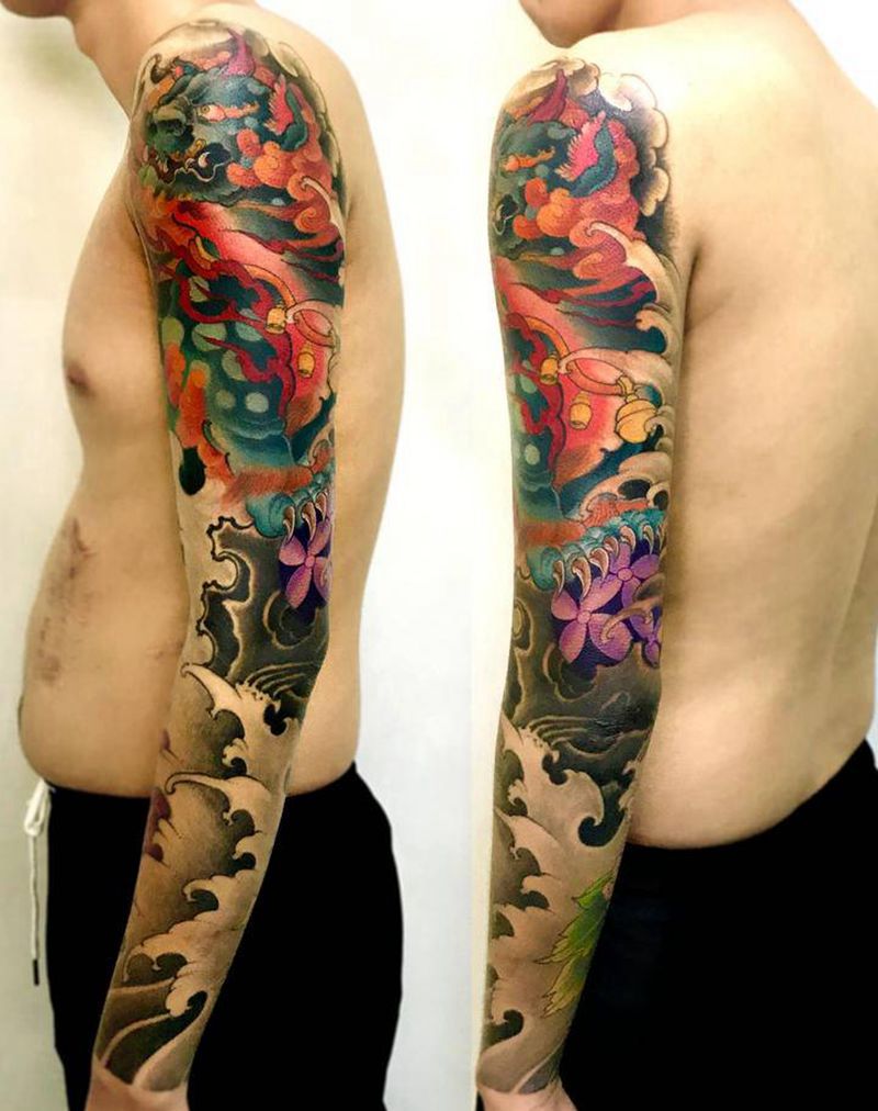 唐狮花臂纹身图片_新传统纹身图案