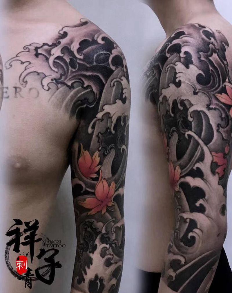 水浪打浪浪起来纹身图片_肩部手臂新传统水浪七分袖纹身图案