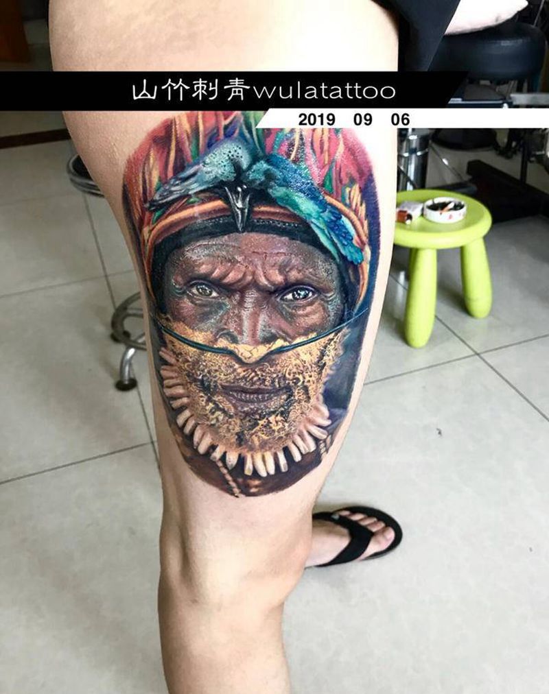 非洲部落首领纹身图片_腿部欧美写实纹身图案