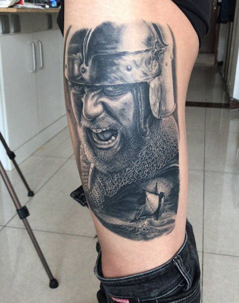 维京战士纹身图片_腿部欧美写实纹身图案