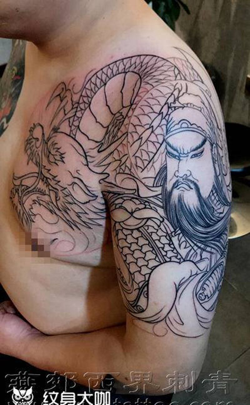 半甲 关公纹身图片_胸部手臂新传统纹身图案