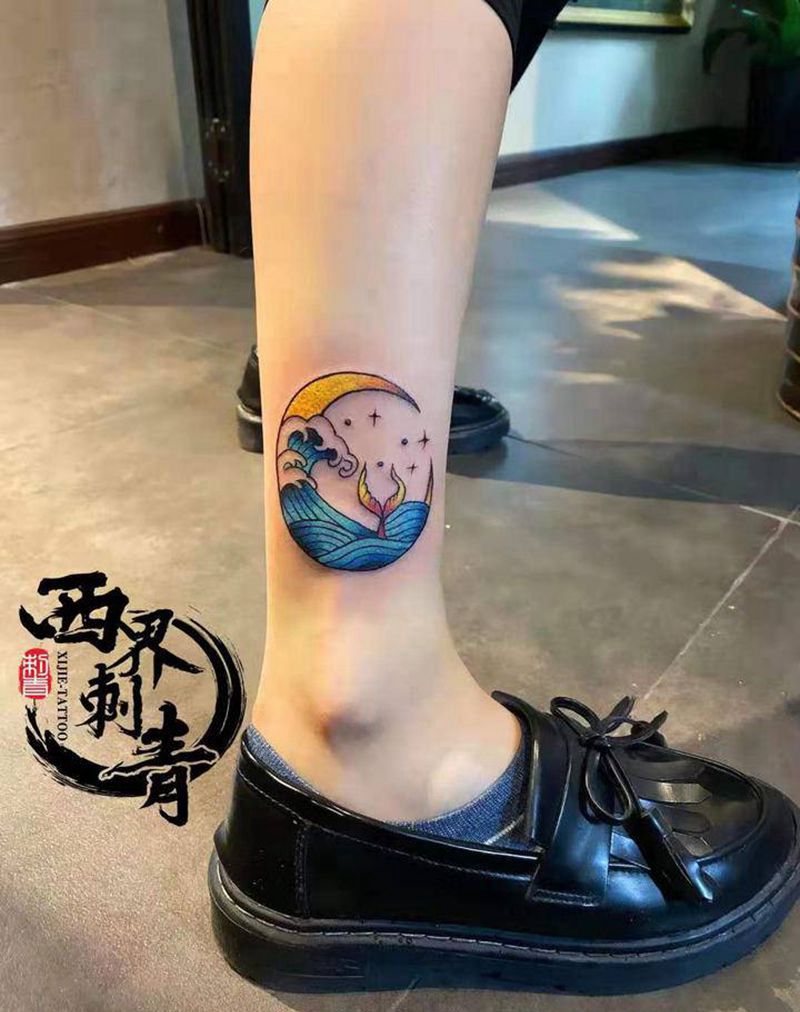 月亮纹身图片_脚部腿部New School水彩纹身图案