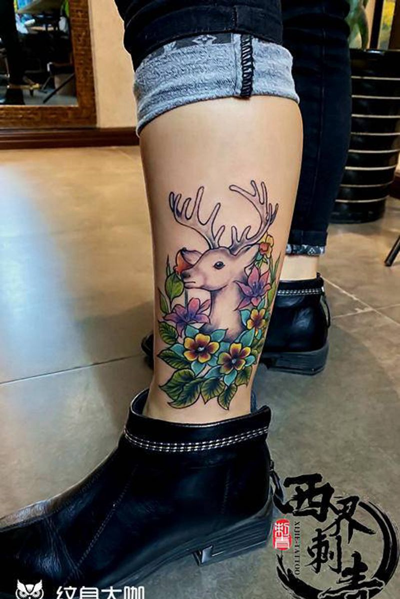 小腿 鹿纹身图片_脚部腿部新传统New School纹身图案