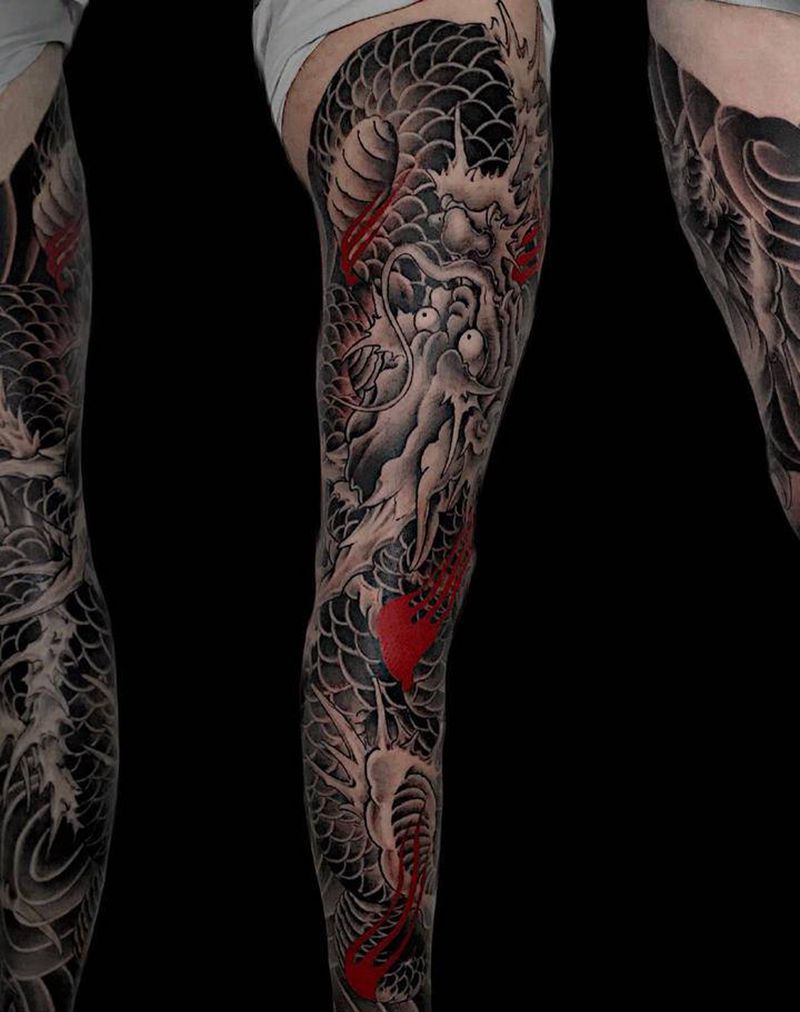 龙纹身图片_腿部新传统花腿纹身图案