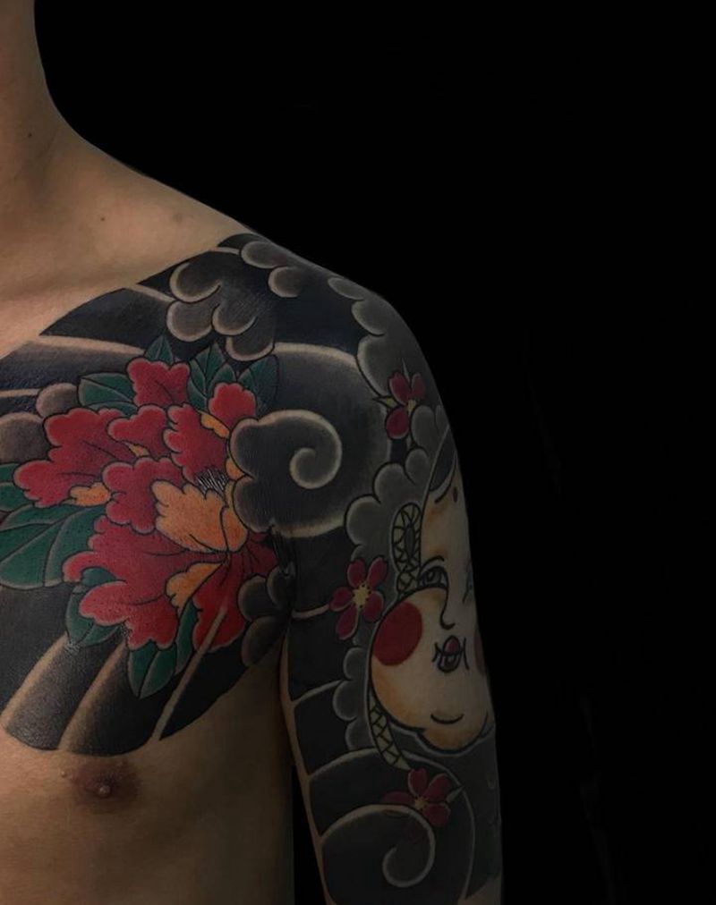 日式半胛纹身图片_肩部手臂老传统半胛纹身图案