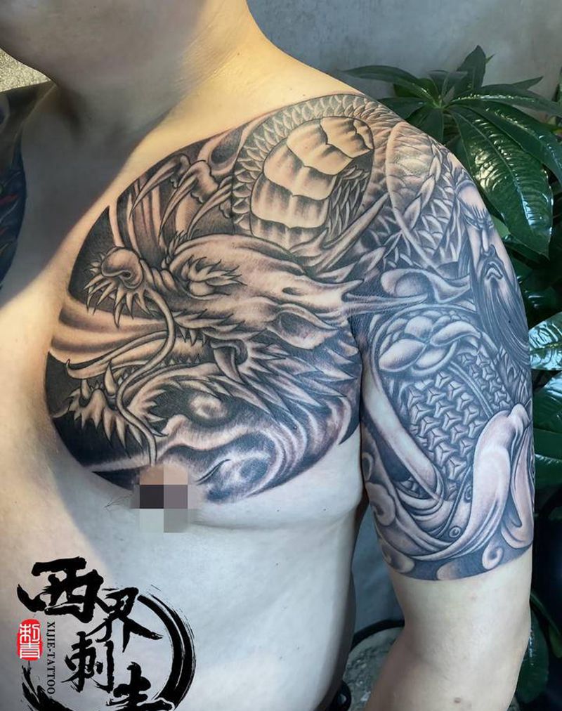 传统半甲关公纹身图片_手臂胸部新传统老传统纹身图案