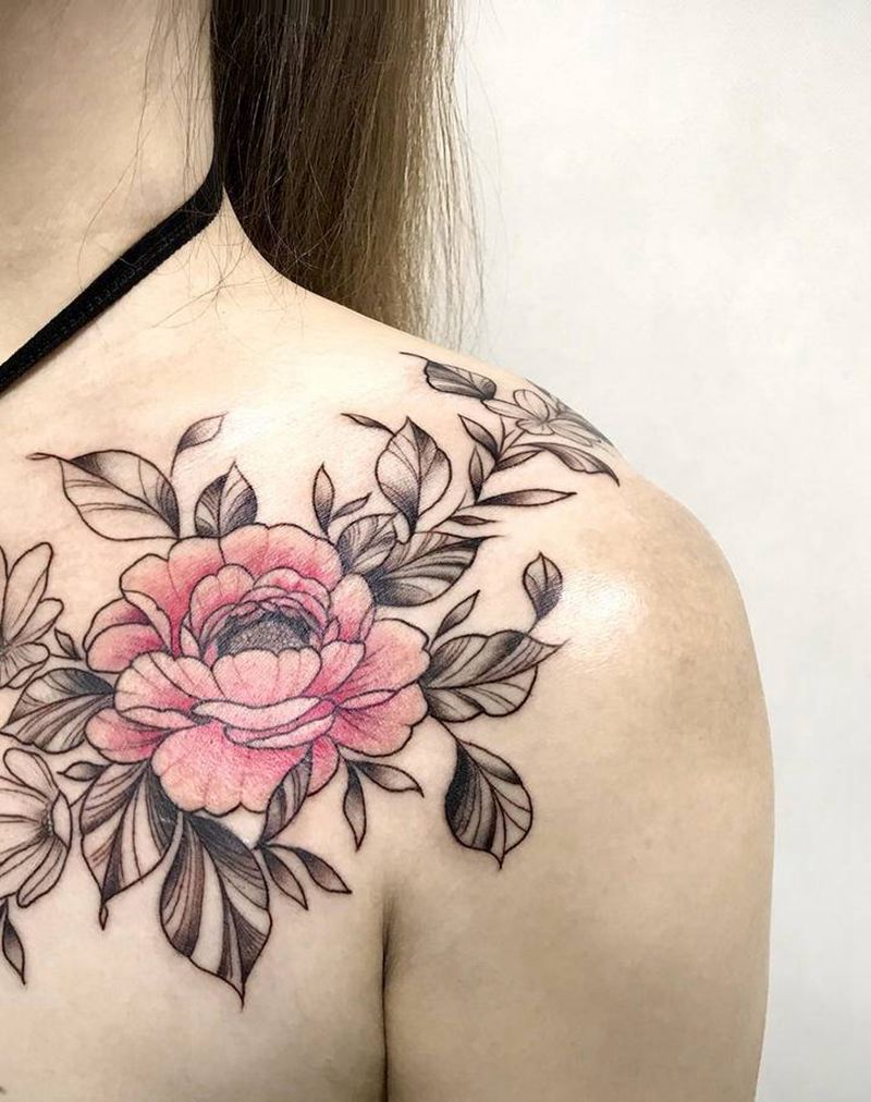 又见花开纹身图片_肩部点刺素花纹身图案