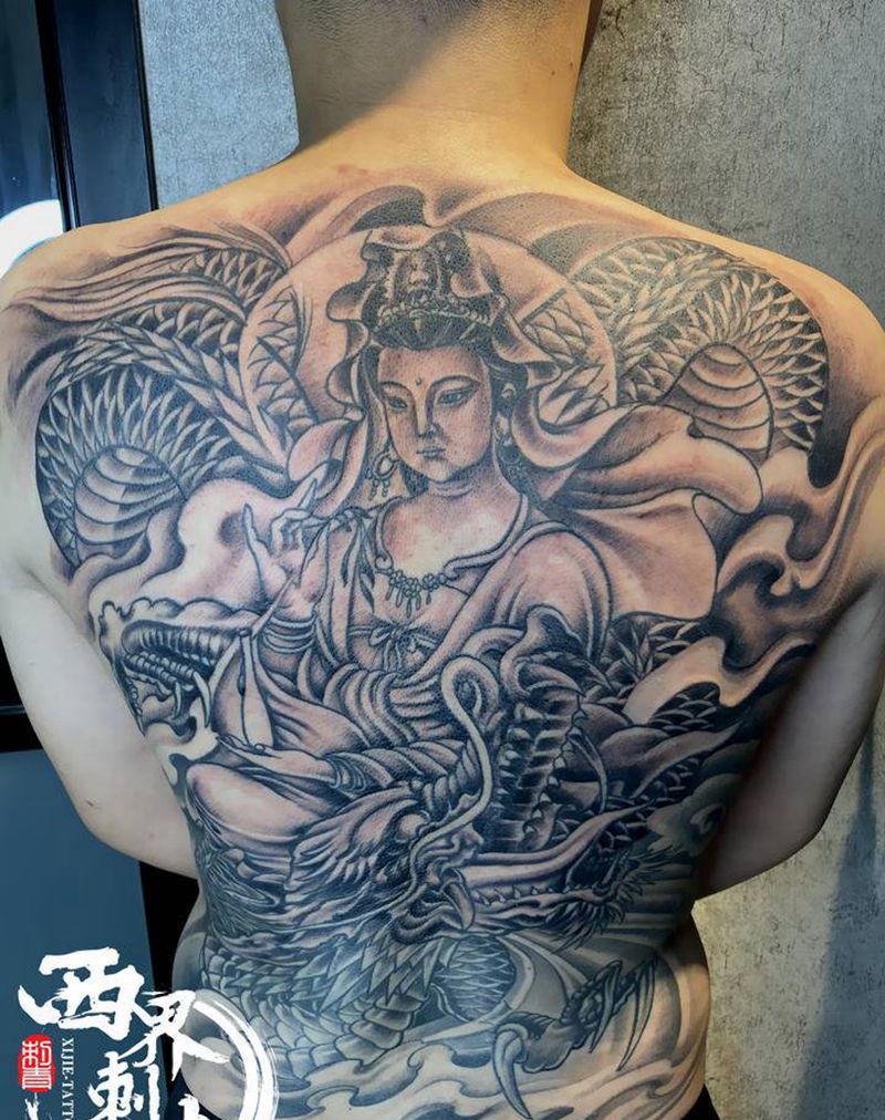 满背观音 龙纹身图片_肩部背部新传统老传统纹身图案
