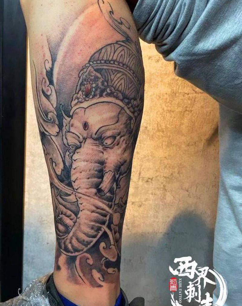 象神小腿纹身图片_腿部新传统纹身图案