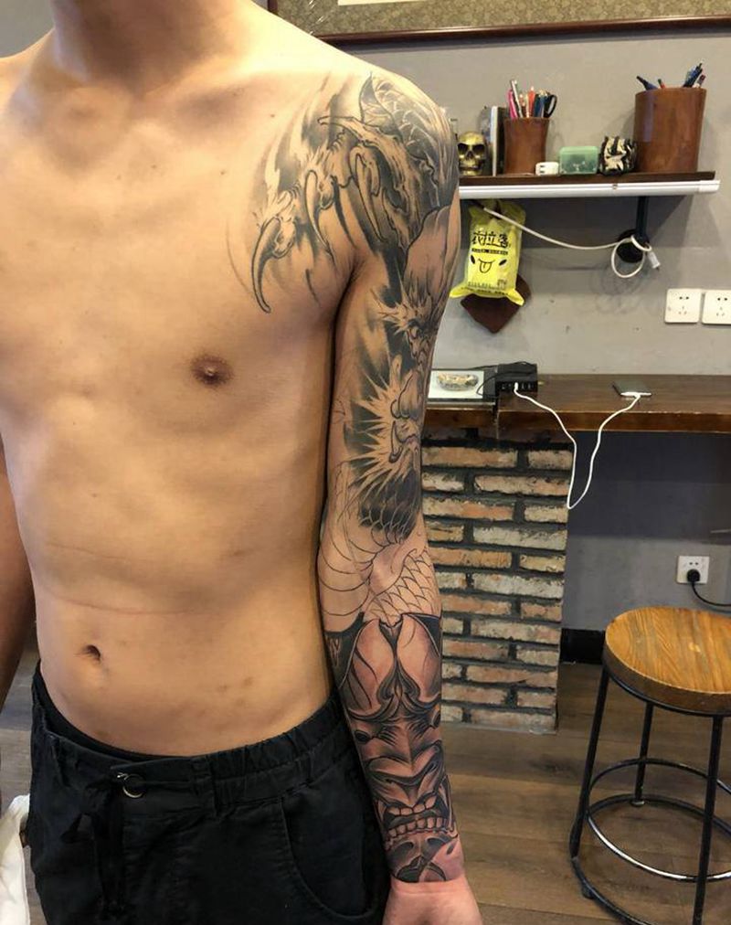 龙-般若 花臂纹身图片_手臂新传统纹身图案