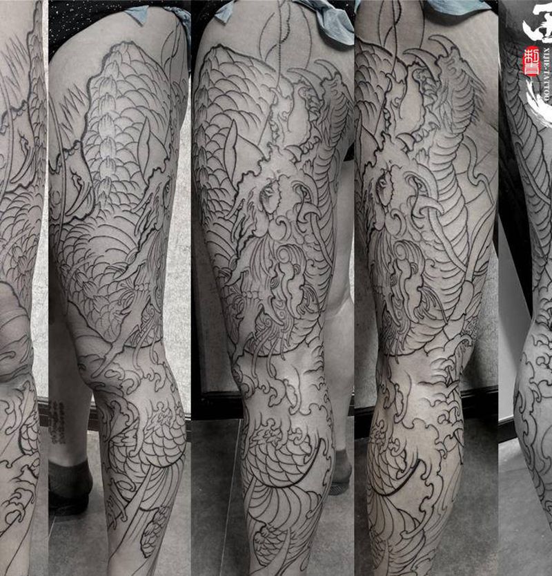 花腿龙新传统纹身图片_腿部新传统纹身图案