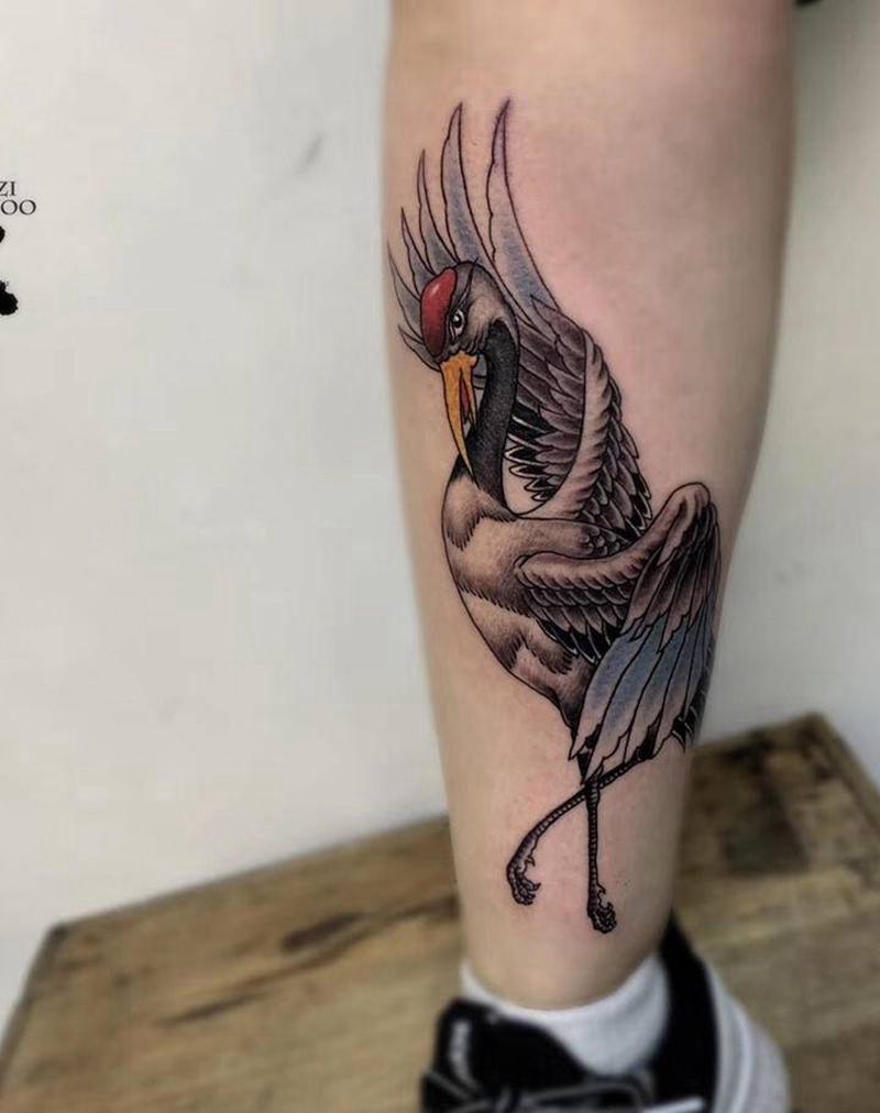 鹤纹身图片_腿部Old School纹身图案